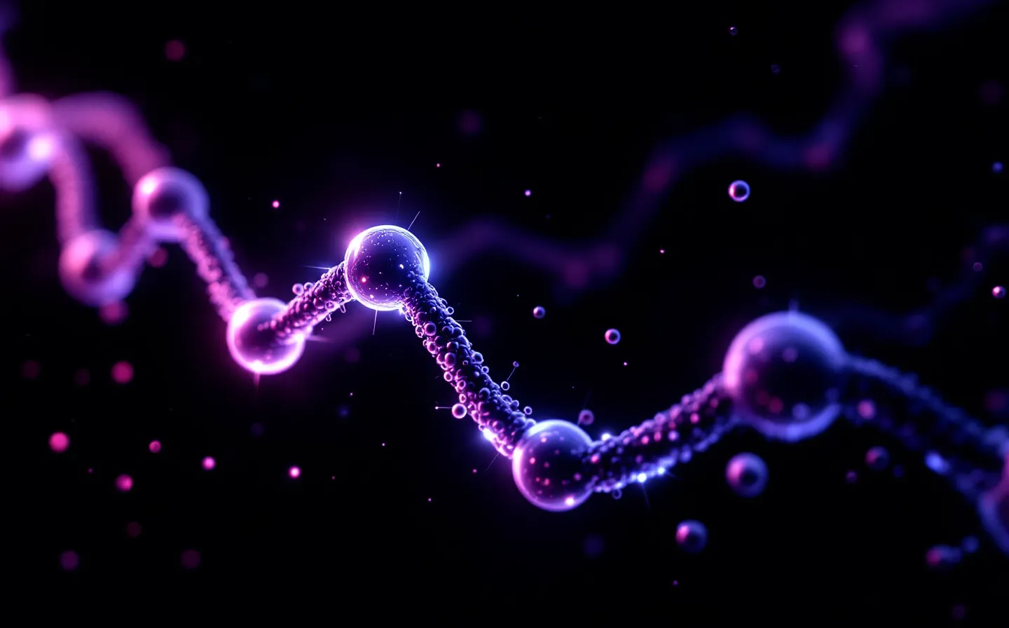 Abstract glowing five-node peptide chain on black