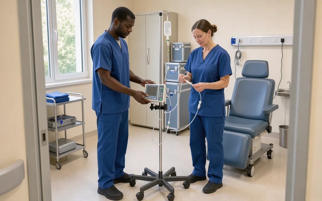 Two adult technicians checking an infusion pump beside an empty chair