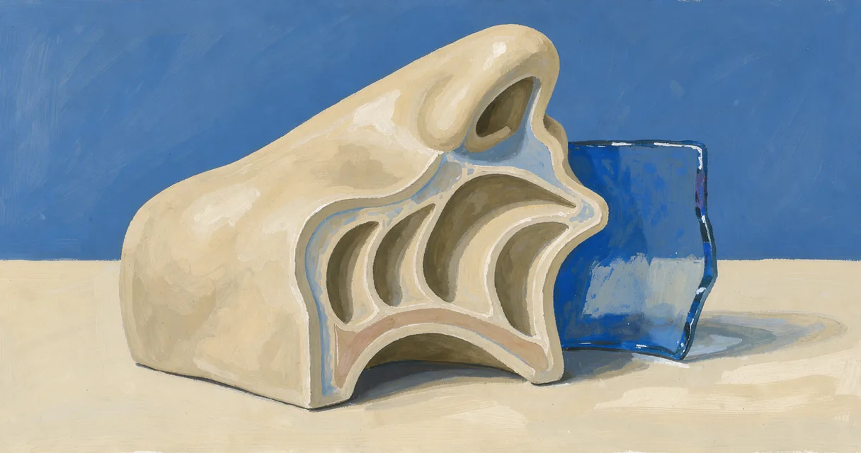 A sectional nasal teaching model on a cream table beside a cobalt background